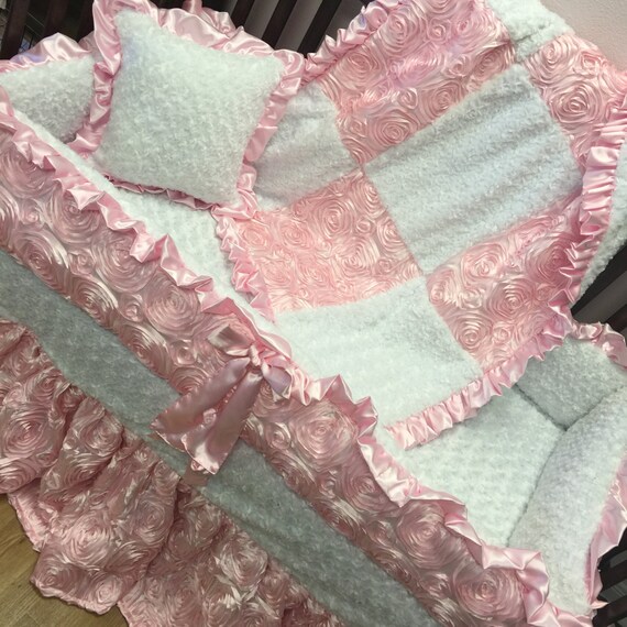 Pink Satin Rosette Crib Set. White Minky Rosebud. Etsy