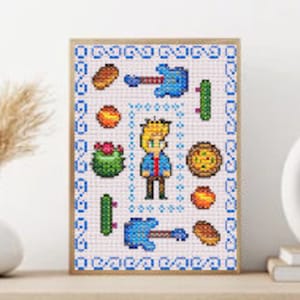 May include: Cross-stitch pattern featuring a cartoon character with blonde hair, wearing a blue suit and a red tie. The character is surrounded by various objects, including a cactus, a pizza, a skateboard, a guitar, and a hot dog.