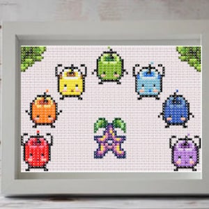 May include: Cross stitch pattern featuring a rainbow of fruit characters, including an apple, orange, lemon, lime, blueberry, and grape. A purple flower with a green stem is in the center.