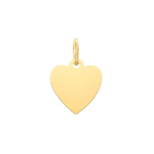 May include: A gold heart-shaped charm with a smooth surface and a ring for attaching to a necklace or bracelet.