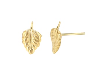 14K gold tiny leaf stud earrings / 14K yellow gold stud earring
