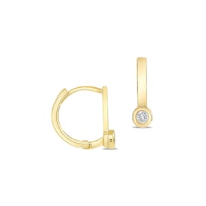 Diamond Huggie Flat Bar Hoop Earring 14K Yellow Gold