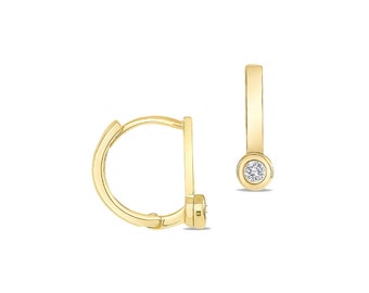 Diamond Huggie Flat Bar Hoop Earring 14K Yellow Gold