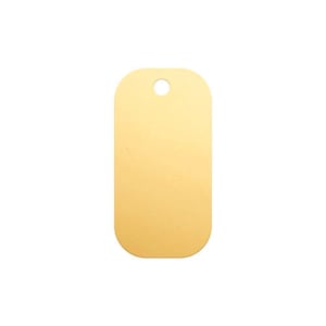 May include: A gold-colored metal dog tag with a rounded rectangular shape and a hole at the top for attaching a chain or ring.