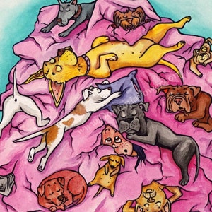 Dog Art Poster Print, Dog Mom Art, Dog Lover Gift, Dog Bed Illustration, Whimsical Art, Kids Room Decor, Gift For Her, Psychedelic Art image 1