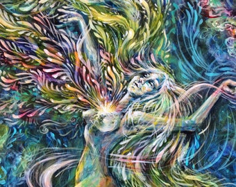 ORIGINAL ART Witchy Decor, Rainbow Warrior Original Painting, Healing Art, Goddess Painting