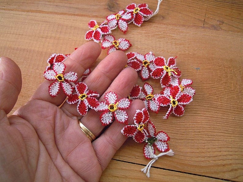 red oya flowers handmade turkish needle lace flower 20 pieces