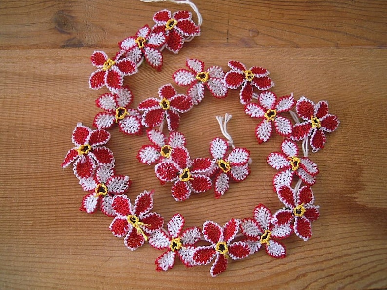 red oya flowers handmade turkish needle lace flower 20 pieces