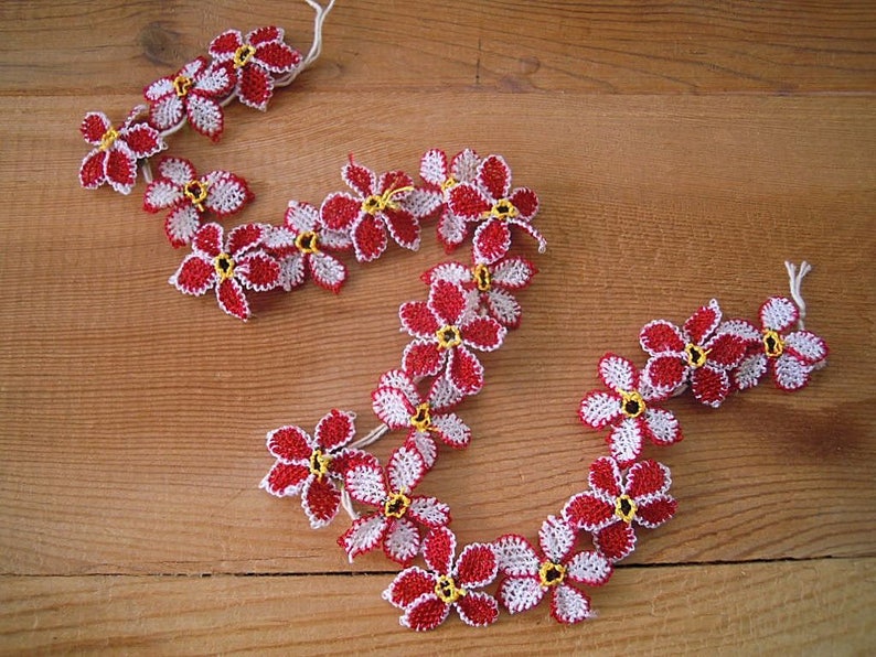 red oya flowers handmade turkish needle lace flower 20 pieces