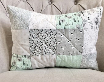READY TO SHIP 12" x 16" Quilted Pillow Cover Tribal Lumbar Accent Pillow Cover Mint Gray White Bear Woodland Nursery Gender Neutral