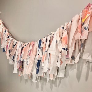 READY TO SHIP Shabby Chic Garland Banner in Peach Blush Denim Blue Water Color Flowers