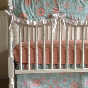Aqua & Light Coral Floral Bumperless Crib Bedding Set (Crib Sheet, 3-Sided Crib Skirt Long Rail Guard) Peach, White