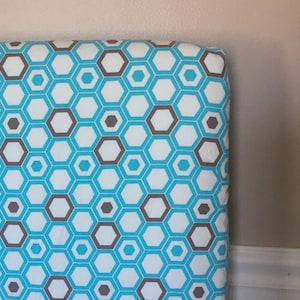 READY TO SHIP Fitted Crib Sheet in Creamy White, Gray & Turquoise Sky Blue Hexagon Modern Gender Neutral Baby Toddler