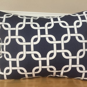 May include: A navy blue pillow with a white geometric pattern. The pattern is a series of interlocking loops.