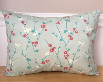 12" x 16" Pillow Cover Teal Pastel Teal Coral White Butterfly Butterflies on Flower Buds Branches Nature Vintage Lumbar Accent Pillow Cover