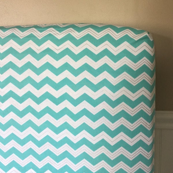 READY TO SHIP Fitted Crib Sheet in Medium Teal Metallic Silver and White Chevron Modern Dark Mint Green Gender Neutral Baby Toddler