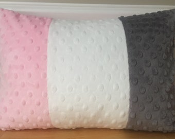 READY TO SHIP 12" x 16" Minky Pillow Cover Tri Color Light Baby Pink White Gray Dimple Dot Minky Baby Nursery Lumbar Accent Pillow Cover