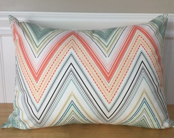 12" x 16" Pillow Cover in Coral Peach Mint Green Teal White Chevron Modern Baby Girl Nursery Lumbar Accent Pillow Cover