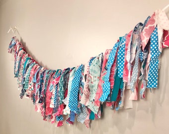 READY TO SHIP Shabby Chic Garland Banner in Hot Pink, Fuchsia, Turquoise, Teal & White Flowers, Girly