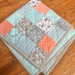 READY TO SHIP Baby Quilt Woodland Nursery Crib Bedding Aqua Gray White Salmon Peach No Pink Flowers Fox Hedgehog Owl Raccoon