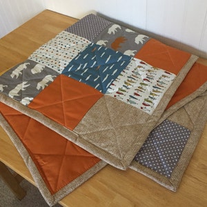 READY TO SHIP Baby Quilt Crib Blanket (Nursery Bedding) (Blue Orange Gray Yellow Tan) (Fishing Bear Fish Camping Feather River Burlap Print)