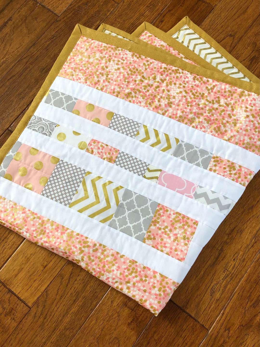 READY TO SHIP Baby Quilt Crib Blanket White Gold Blush Pink Peach Glitz  Glam Nursery Shimmer Baby Girl Room Modern Feminine Quilt