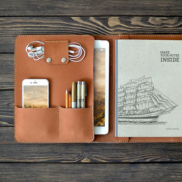 iPad Pro 9.7 inch leather folio. iPad and document organizer. iPad Air case. Light brown color.