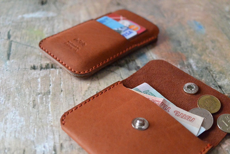 Small leather wallet for bills and coins. Light brown color. Etsy