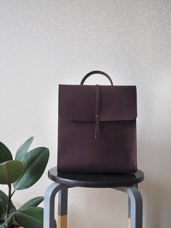 Leather backpack for women. Minimalist bag. Handmade genuine Etsy