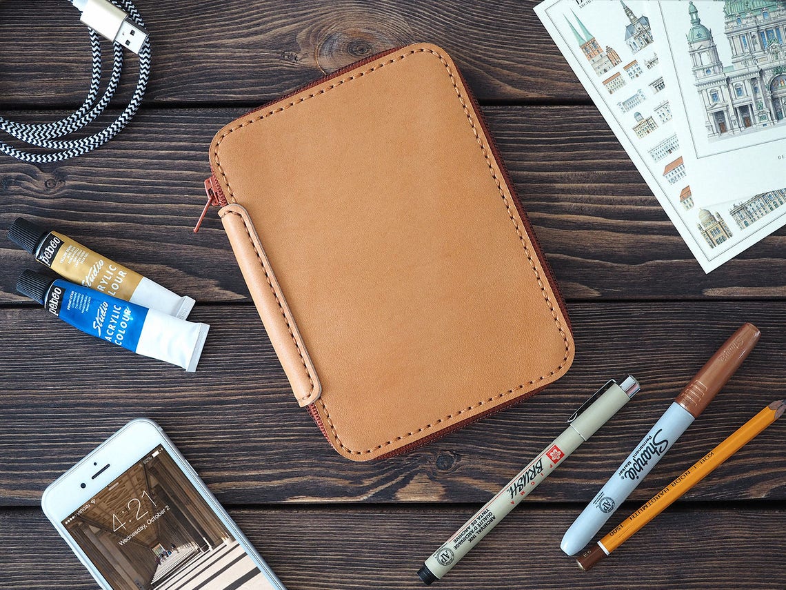 Leather notebook cover. Zipper Field Notes journal cover. Etsy