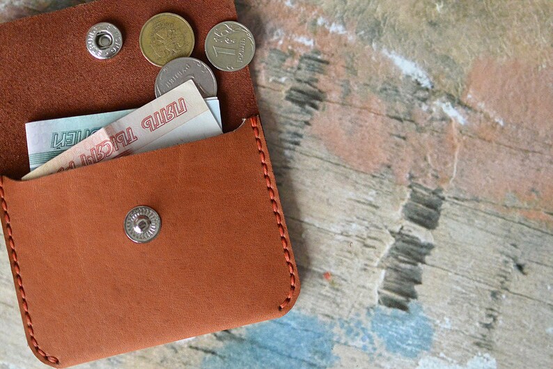 Small leather wallet for bills and coins. Light brown color. Etsy