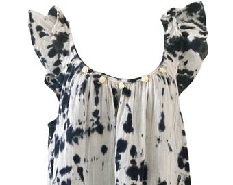 Black Tie Dye Babydoll Dress, Ruffle Sleeve Sundress, Made in USA