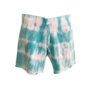 Women&#39;s Turquoise Tie Dye Drawstring Shorts Raw Edge Hem (Extra Small), Sweatpants Lounge Shorts, Fleece Board Shorts, Summer Shorts