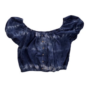 Blue Tie Dye Crop Top with Puff Sleeves, Shibori Eyelet Crop Top, Indigo Hippie Top, Teen, Women&#39;s, Teen
