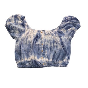 Blue Tie Dye Crop Top with Puff Sleeves, Shibori Eyelet Cami Top, Indigo Hippie Top, Teen, Women&#39;s, Teen