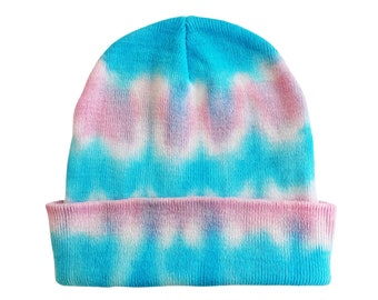 Shibori Blue and Pink Tie Dye Beanie Hat