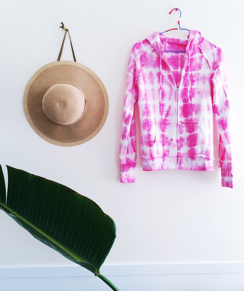 Free Shipping Pink Tie-Dye Zip Up Hooded Sweatshirt Boho Clothes