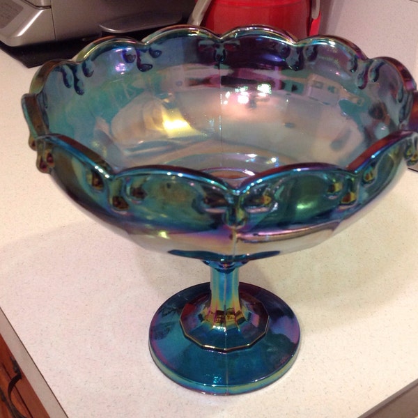 Blue Compote Carnival Glass Pedestal Fruit Bowl