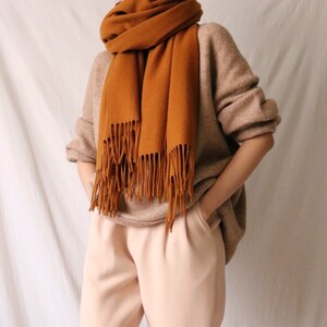 Wool lambswool blanket scarf oversized scarf with fringes- ochre brown cognac