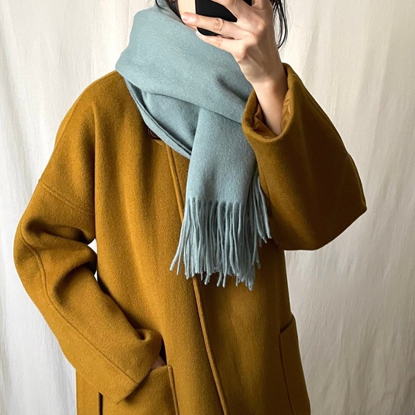 Wool lambswool blanket scarf oversized scarf with fringes- Balsam green