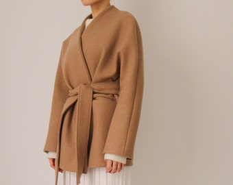 Ishiji Kimono Coat Minimalist Open front Cropped Kimono Wrap Wool