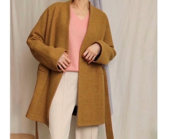 Ishiji Kimono Mantel - Ocker Ocker Woll Tweed offene Front Kimono Wickelmantel