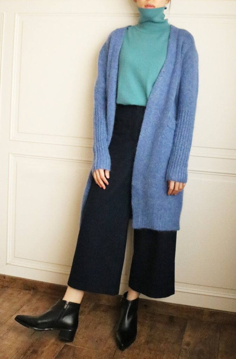 Elena Cardigan steel blue cornflower blue mohair wool open-front cardigan winter