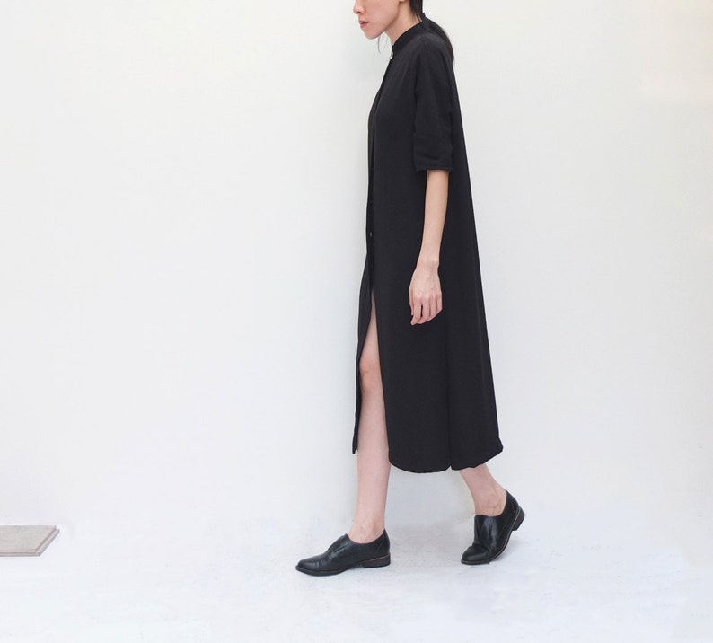 black minimalist shirt dress with mandarin collar W Dress