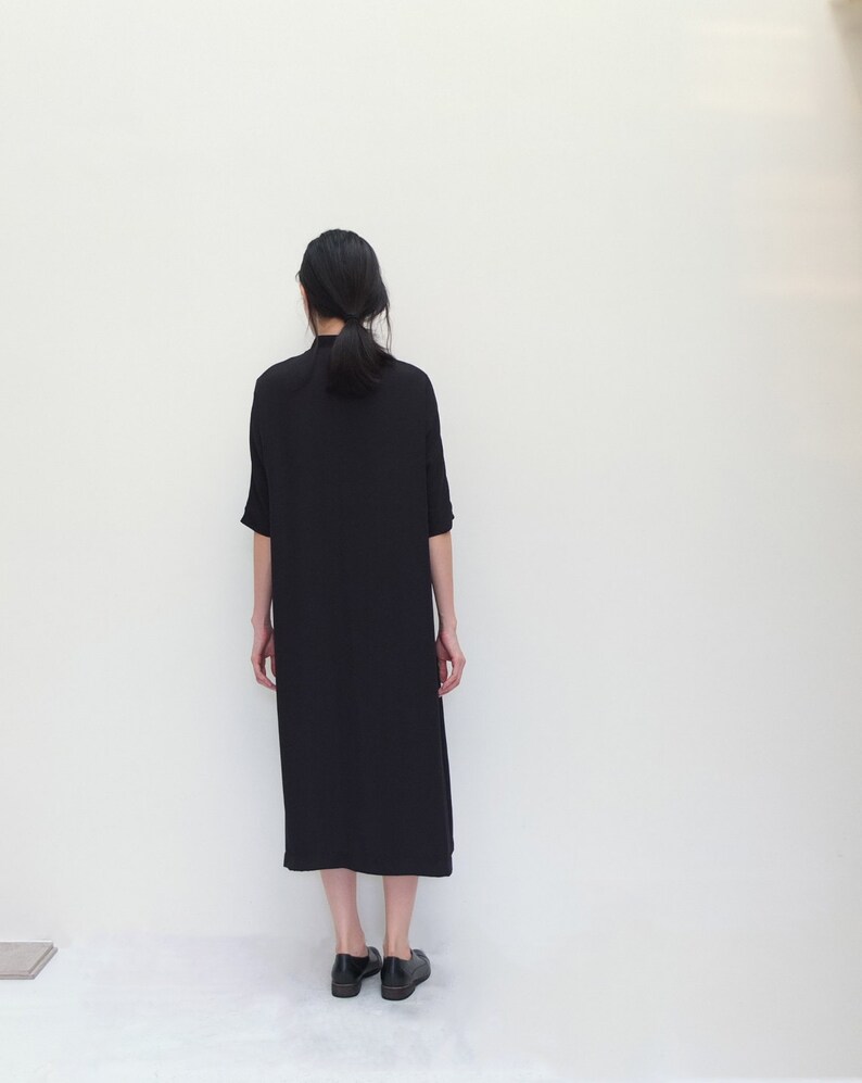 black minimalist shirt dress with mandarin collar W Dress
