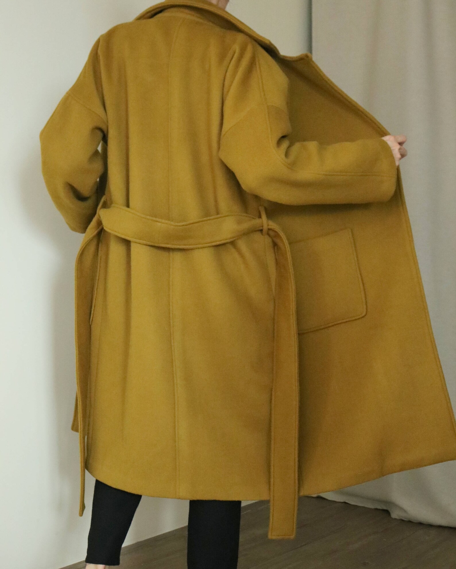 Theory Coat Mustard Green Open Front Wool Cashmere Belted Etsy