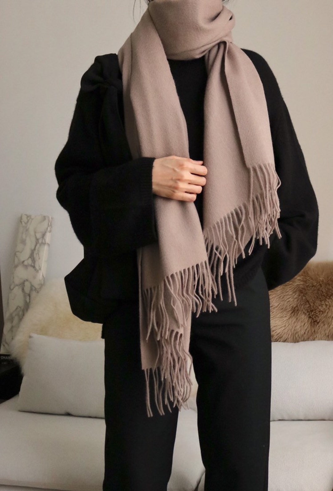 Écharpe En Pure Laine Taupe/marron Tony & Paul - Motif Pied-de-poule, Fabriquée En Italie
