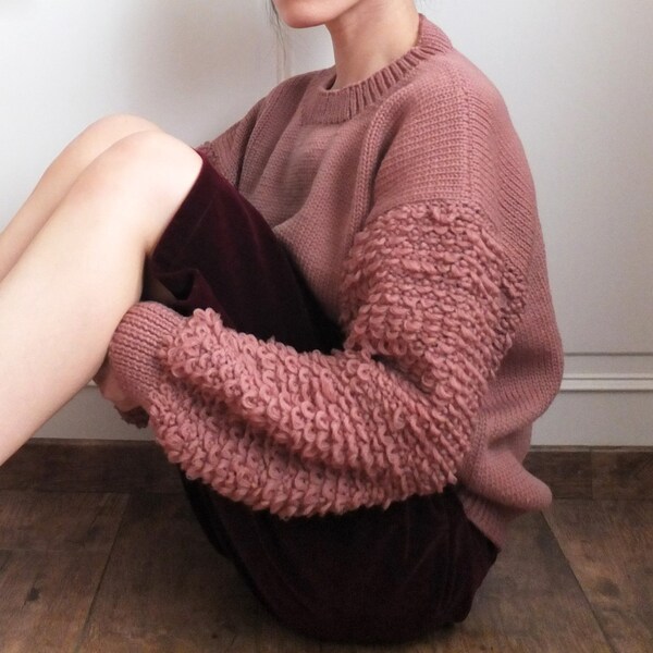 Tea rose fringe-knit boxy wool sweater (custom handmade, lead-time is 1 calendar month,other colours available)