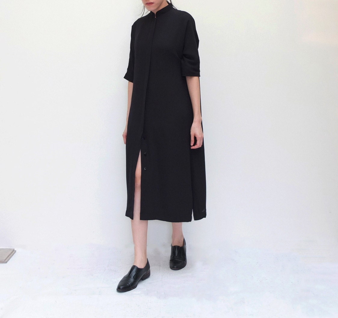 black minimalist shirt dress with mock mandarin collar | Etsy