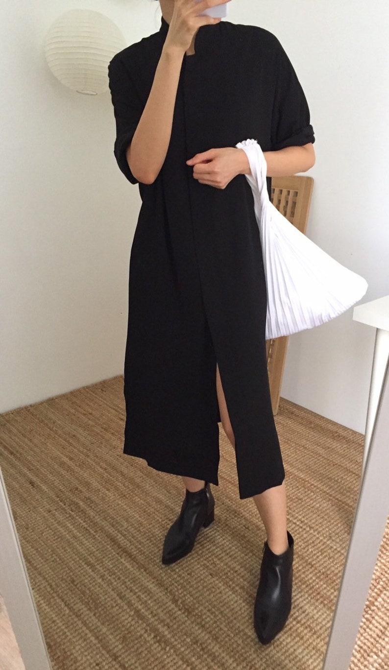 black minimalist shirt dress with mandarin collar W Dress
